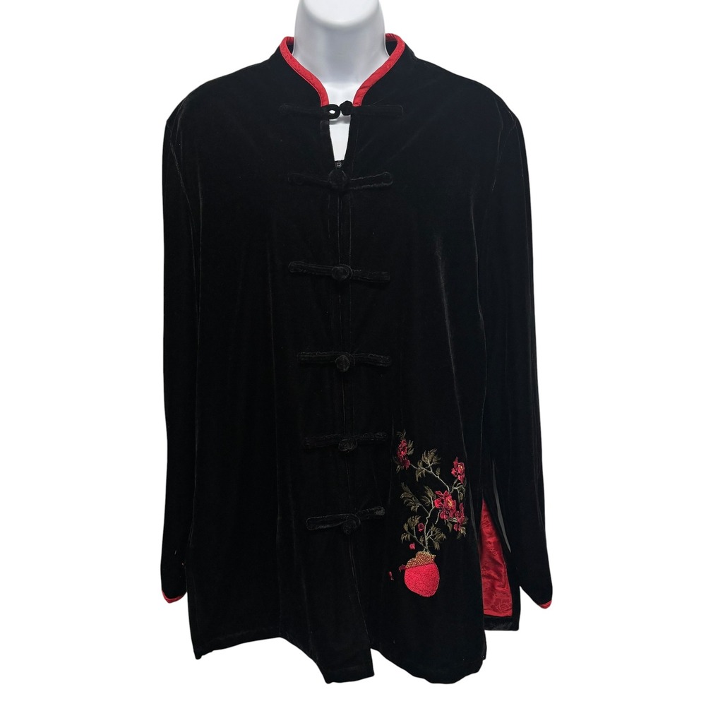 Newport News Black Velvet Mandarin Jacket Red Floral Embroidery Frog Closure 12 - Picture 2 of 13